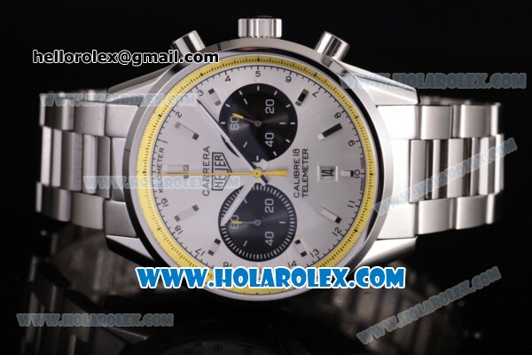 Tag Heuer Carrera Calibre 18 Chronograph Miyota Quartz Steel Case/Bracelet with Silver Dial and Stick Markers - Yellow Inner Bezel - Click Image to Close